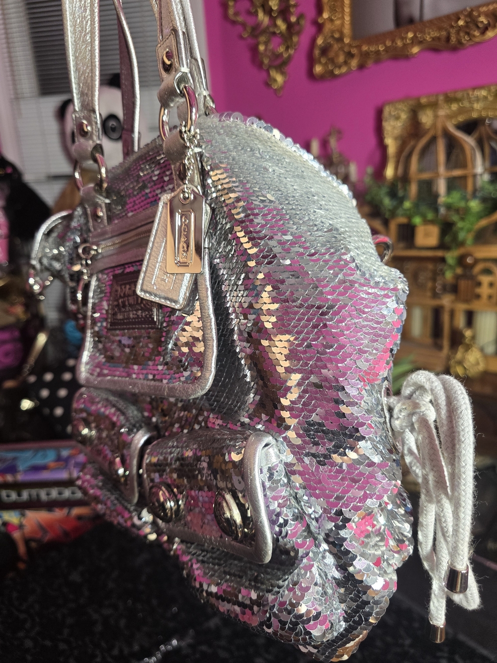 Coach Silver Sequin Shoulder Bag with Metallic Trim Spotlight Poppy Y2k - Picture 15 of 16